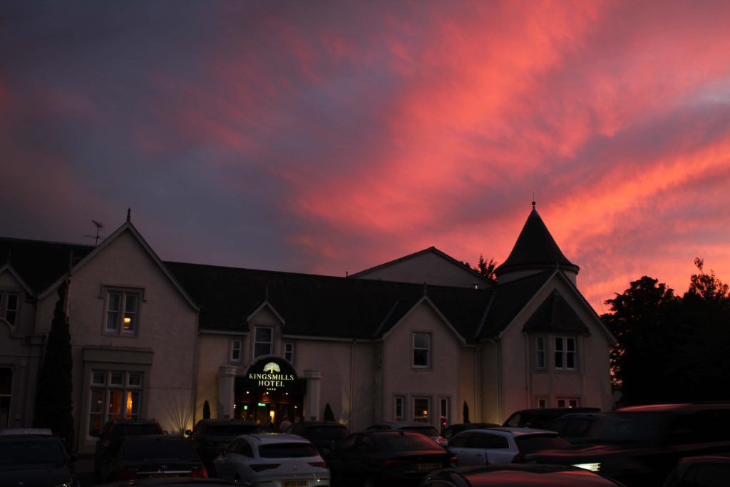 Kingsmills Hotel Exterior in an Autumn Evening with a Red Sky sunset
