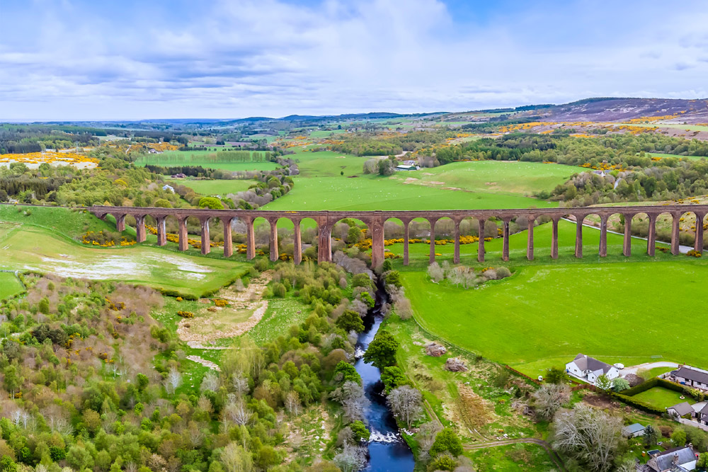 An aerial panorama view up the River Nairn towards Culloden Viaduct