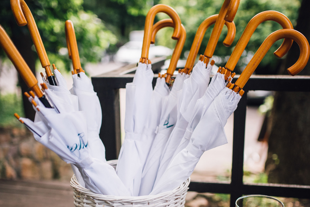 Basket of white umbrellas at a wedding