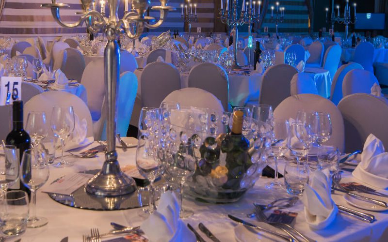 A room set up for dining at an event at Kingsmills Hotel