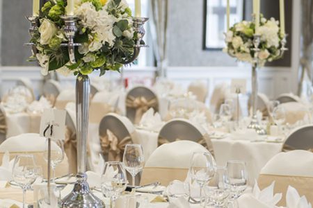 A room set up for a wedding at Kingsmills Hotel