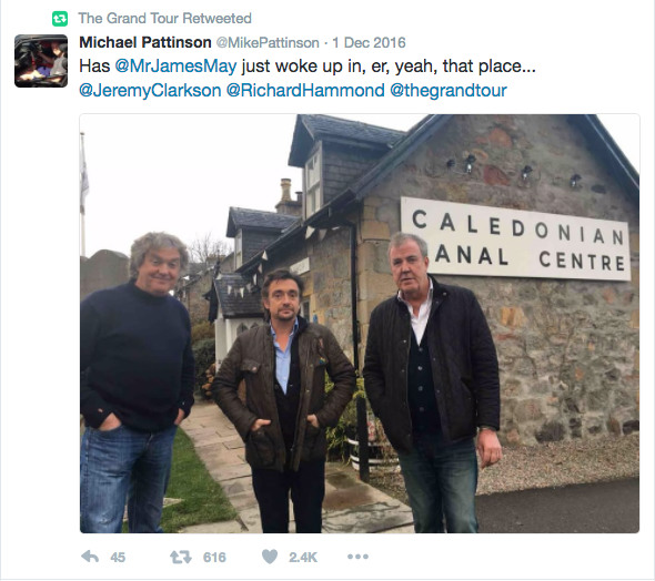 Hosts of The Grand Tour in Inverness in front of the Caledonian Canal Centre