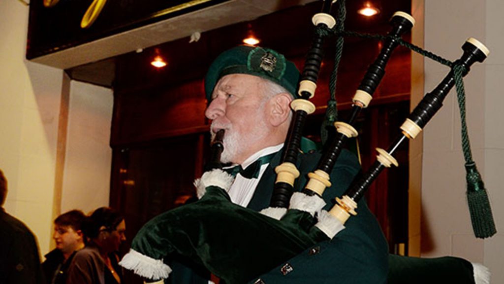 A piper and his bagpipes at a special dinner at the Kingsmills Hotel, Inverness