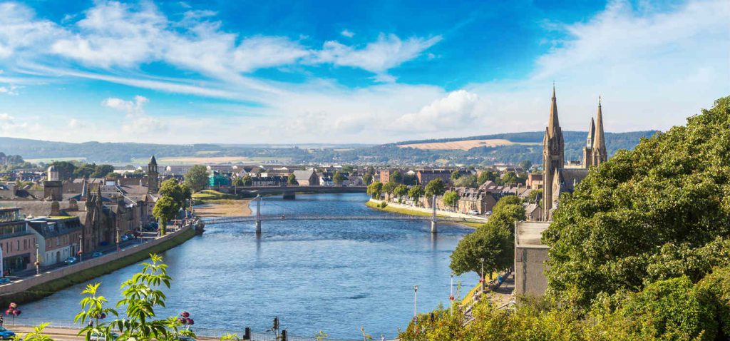 A view over Inverness along the River Ness near the Kingsmills Hotel