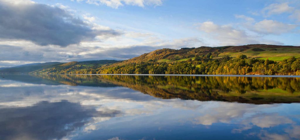 A reflective view of Loch Ness, near the Kingsmills Hotel, Inverness