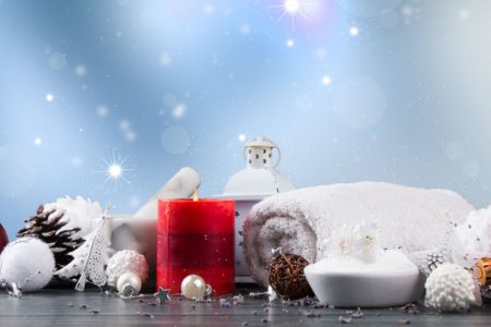 Spa treatments at Christmas with baubles and snow