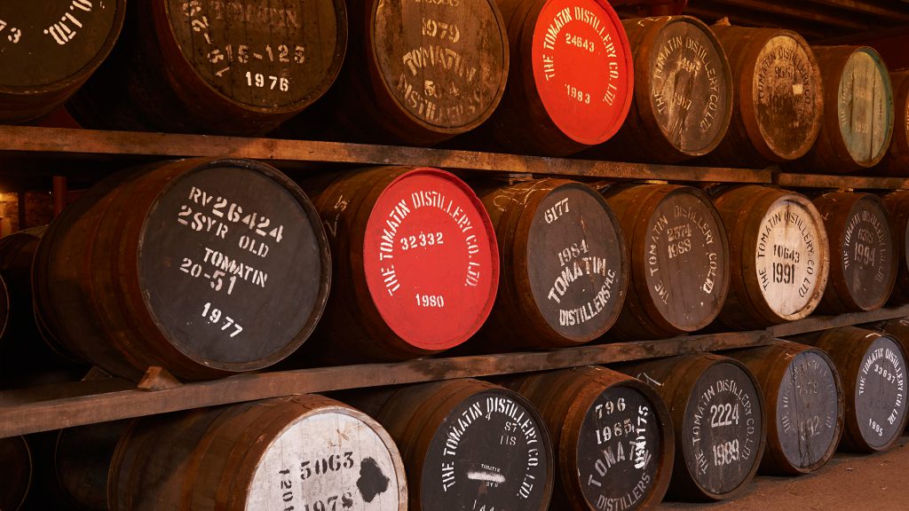 Barrels of whisky at Tomatin Distillery near Kingsmills Hotel, Inverness