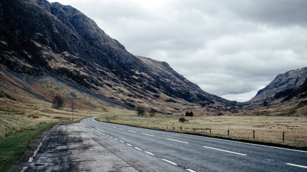 Mountains and road in the Highlands of Scotland