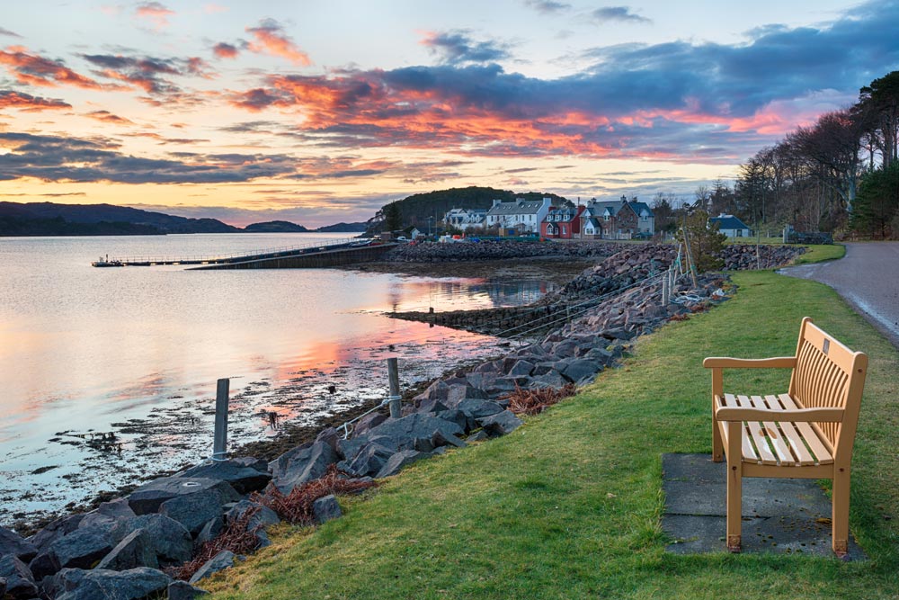 Stunning sunset over the fishing village of Shieldaig near Applecross on the NC500