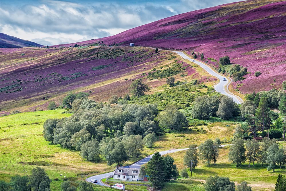 Picturesque road in Scottish Highlands, Cairngorms National Park near Lecht Ski Resort, Scotland