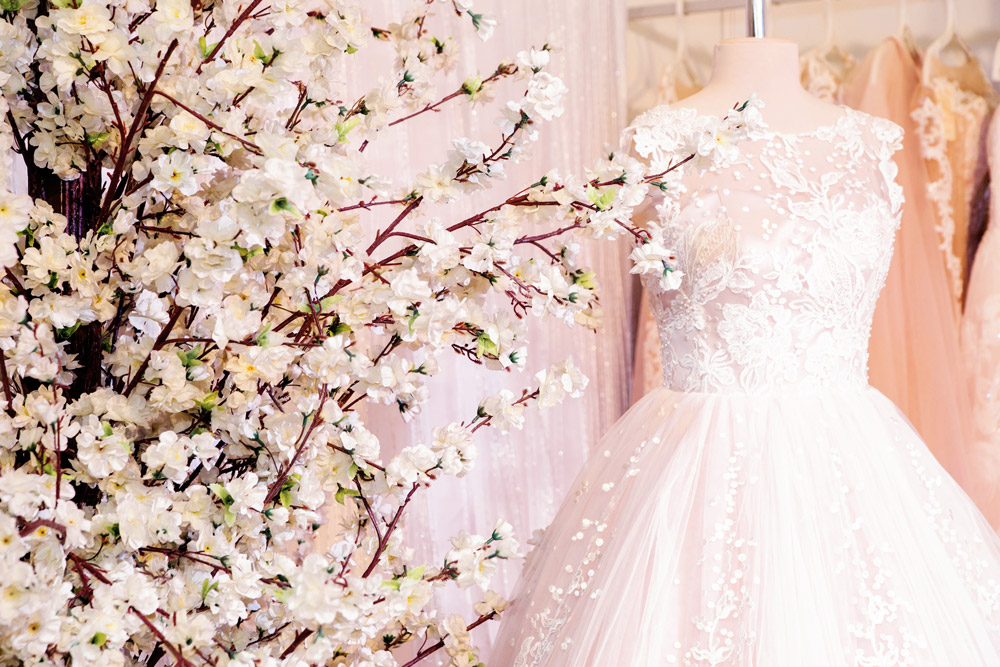 A wedding dress on display at a Wedding Fair