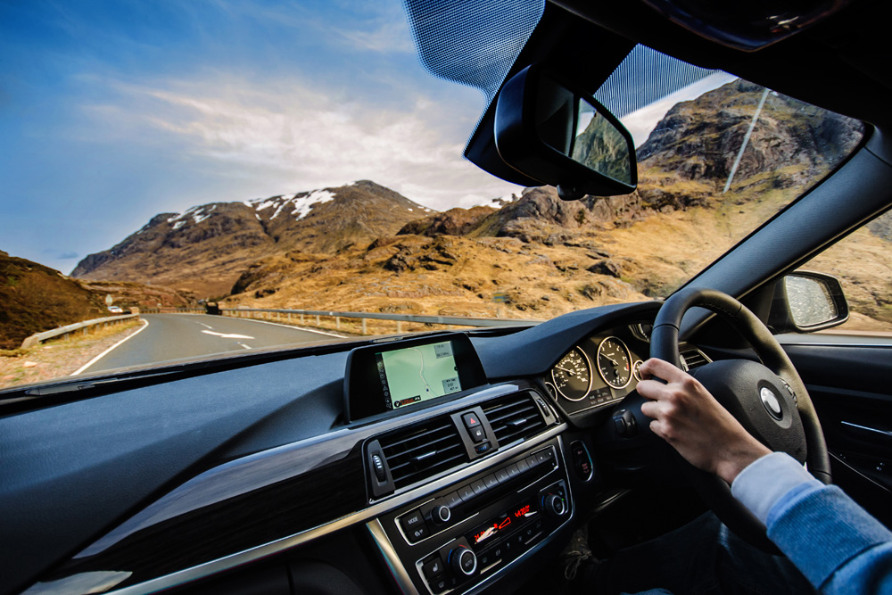 View from inside car on a Scottish road trip