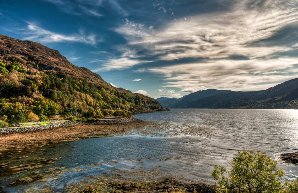 Panoramic view from Eilean Donan Castle in the Scottish highlands. United Kingdom
