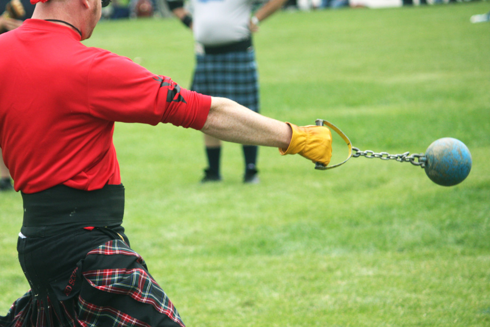 Strong man throwing a weight at a Scottish Highland Games