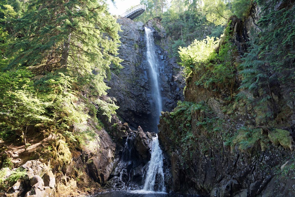 Plodda Falls waterfall in Tomich, Scottish Highlands