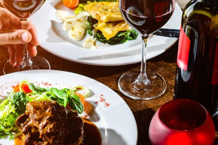 Dinner and drinks on a restaurant table