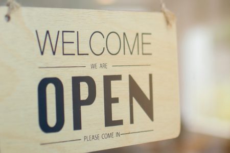 Open sign on a café door