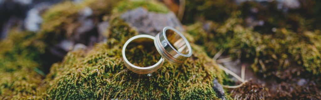 Two wedding rings on a mossy stone