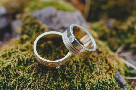 Two wedding rings on a mossy stone