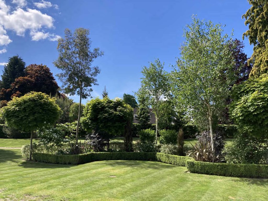 Manicured lawns at the back of The Kingsmills with groomed shrubbery and a variety of trees and bushes