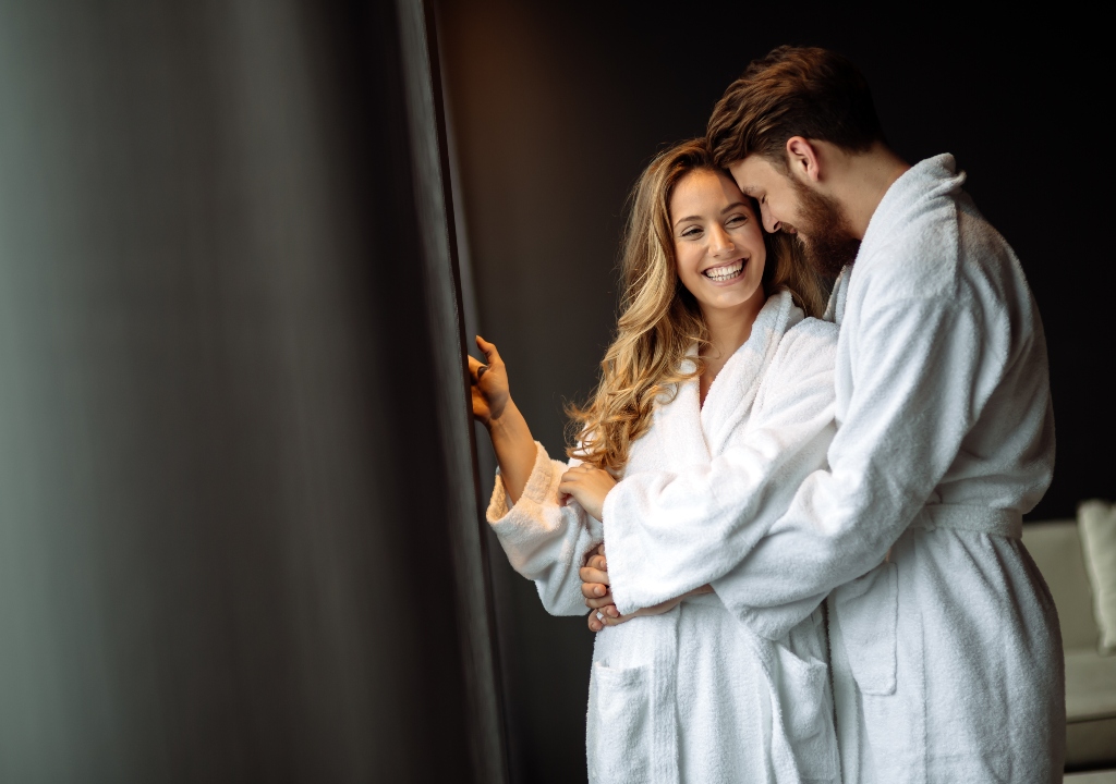 Couple in spa robes