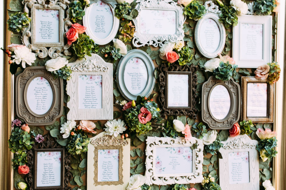 Mismatched frames showing the table plan at a wedding