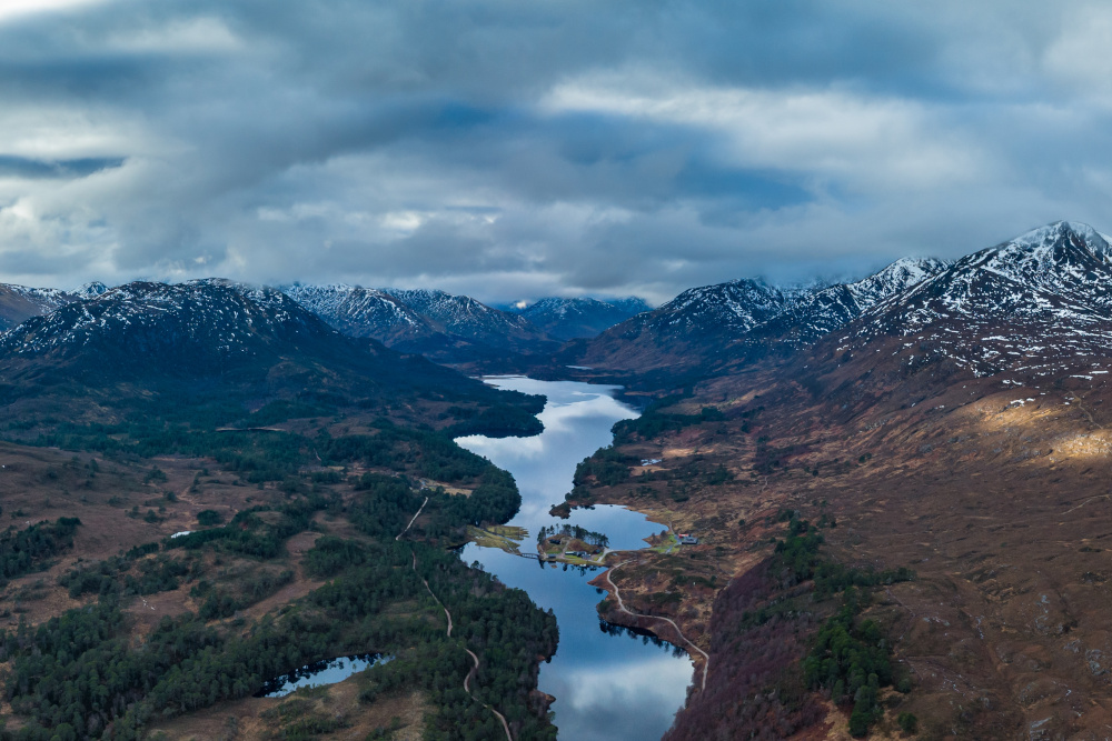 Aerial view of Glen Affric in winter
