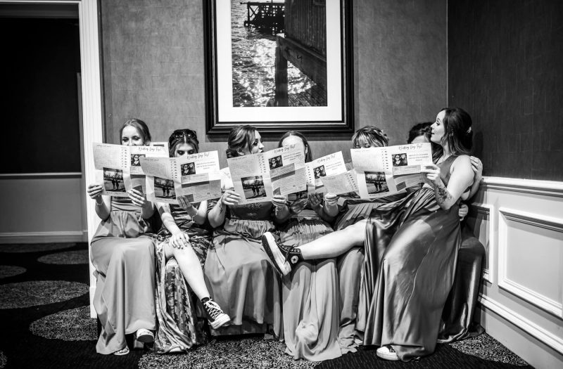 Bridal Party Bridesmaids gathered at evening wedding reception Credit Magic Moments Photography