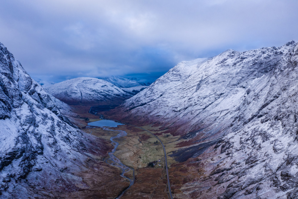 Aerial view of Glen Coe in winter