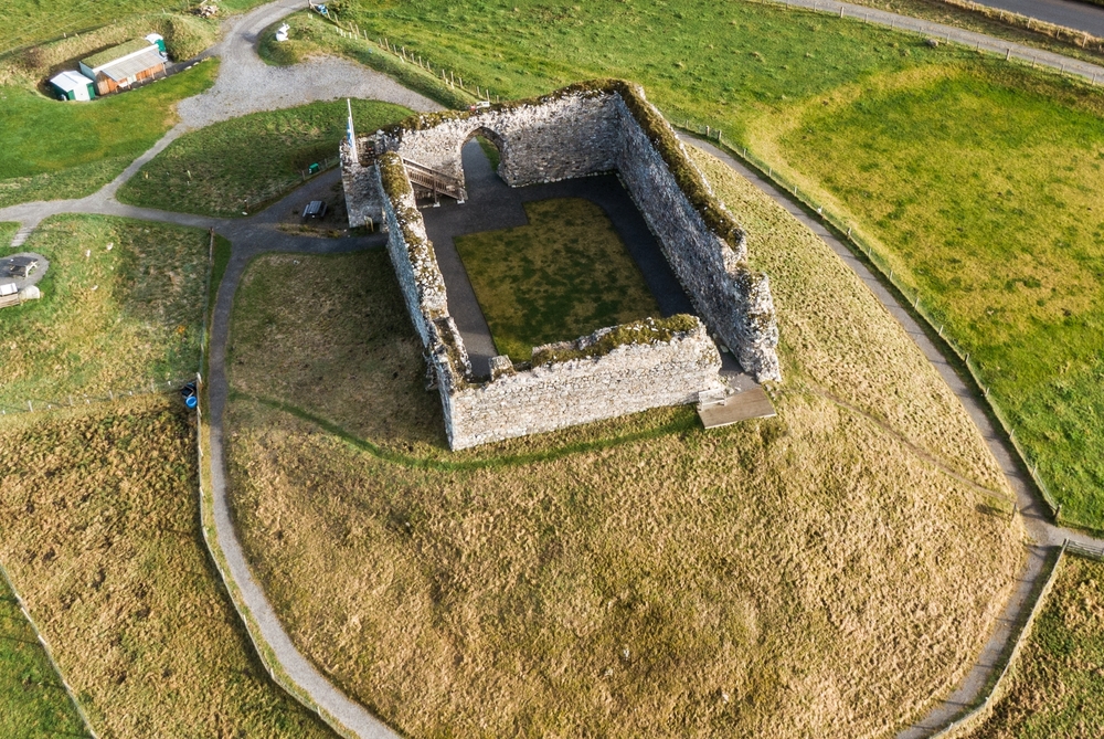 Aerial views of Castle Roy, 12th century fortress built by the Clan Comyn on a glacial mound north of the village of Nethy Bridge, Scotland.