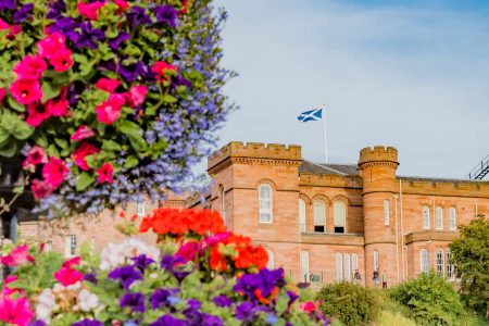 Inverness Castle with spring flowers, near the Kingsmills Hotel, Inverness