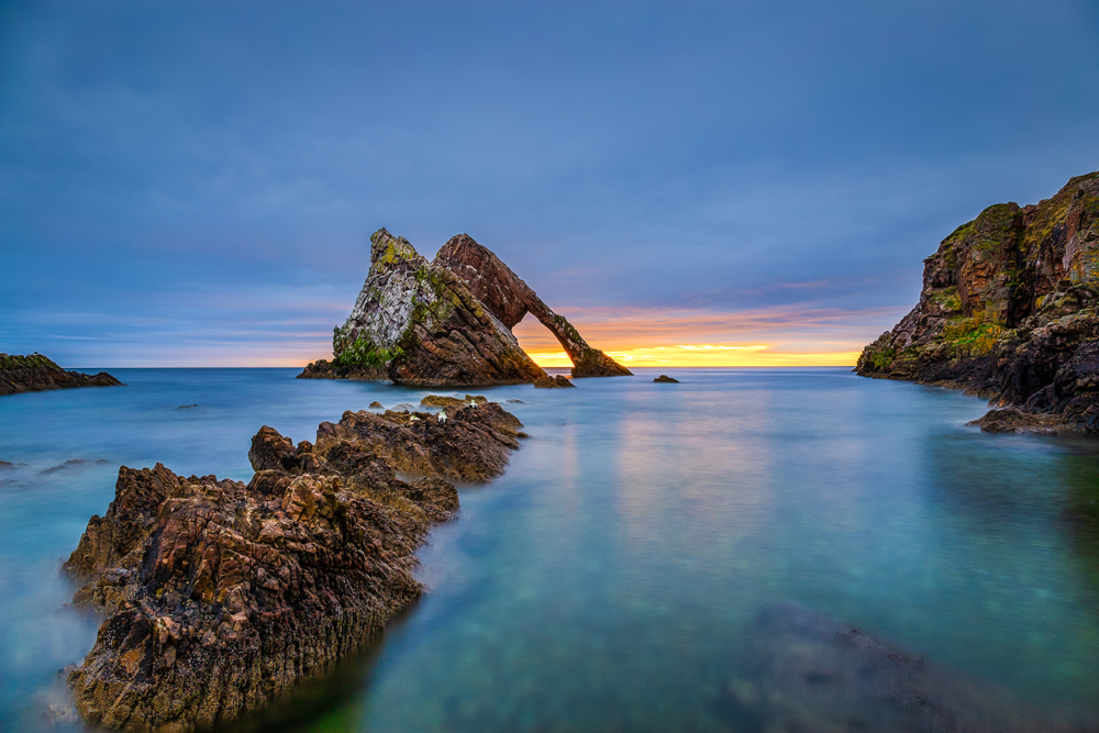 Sunrise at Bow fiddle Rock near Portknockie