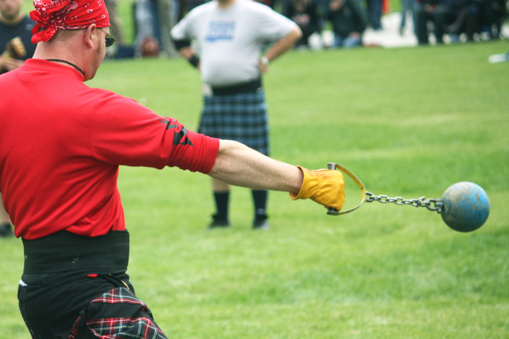 Strong Man Throwing Weight at Scottish Highland Games.