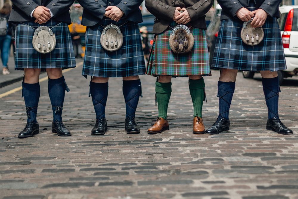 Group of Scotsmen lined up in kilt