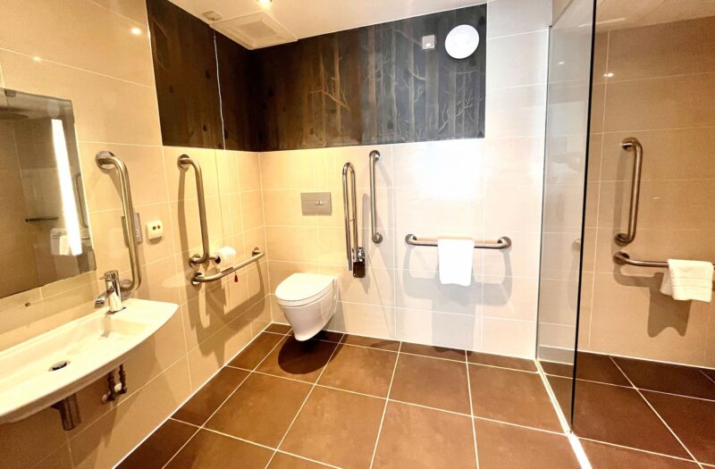 An accessible bathroom at Kingsmills with handrails, low toilet and sink.