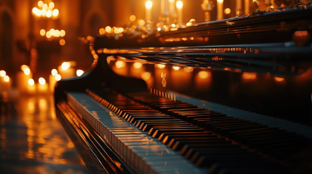 Piano surrounded by 1000 candles at a candlelight concert