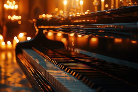 Piano surrounded by 1000 candles at a candlelight concert