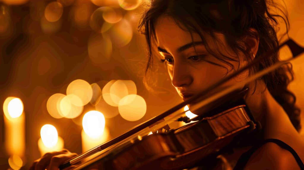Violin player surrounded by candles at a candlelight concert