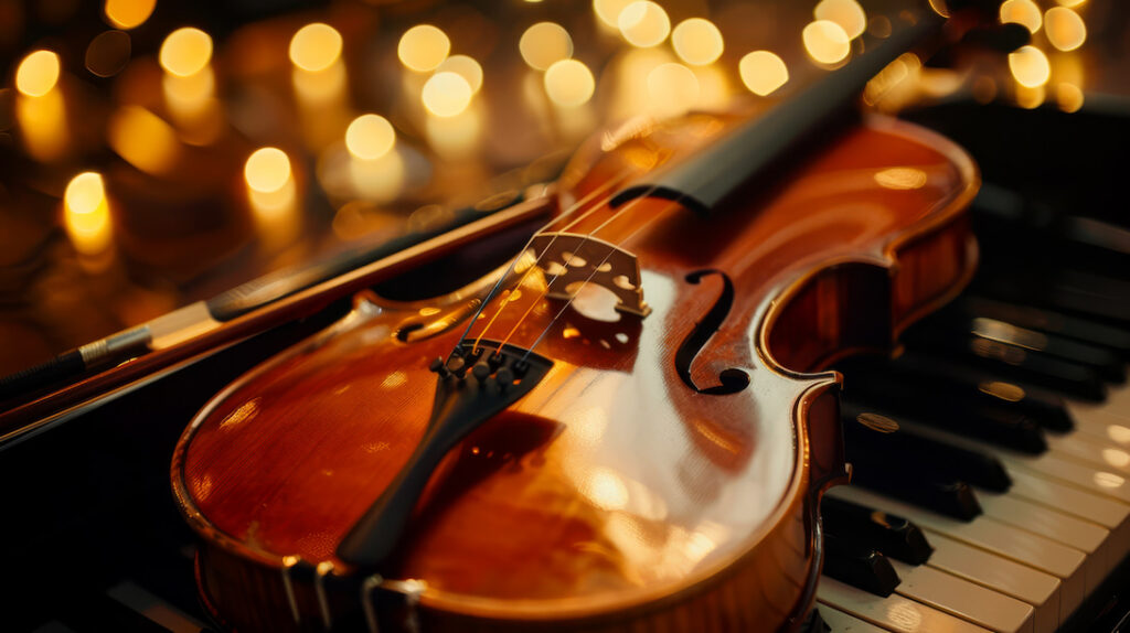 String instrument surrounded by candles at a candlelight concert