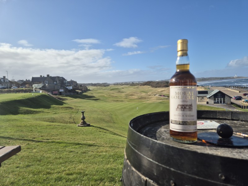 Bottle of Moray Golf Club whisky at Moray Golf Club - home of the Hospice Golf Day 2025