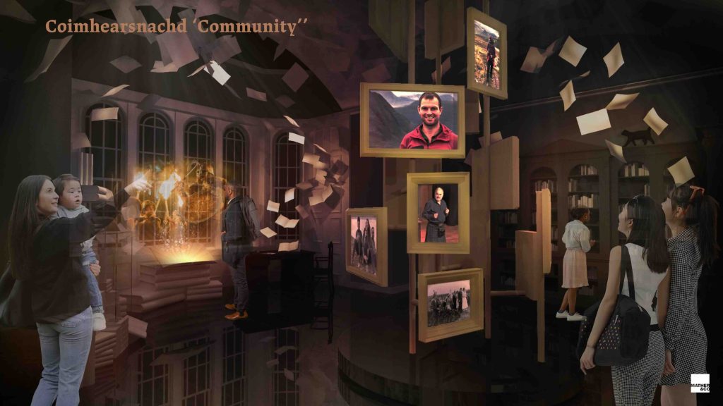 Inverness castle community space showcasing framed images and stories