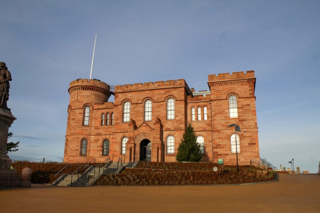 Inverness Castle Experience from gardens in 2025 with Flora statue in foreground