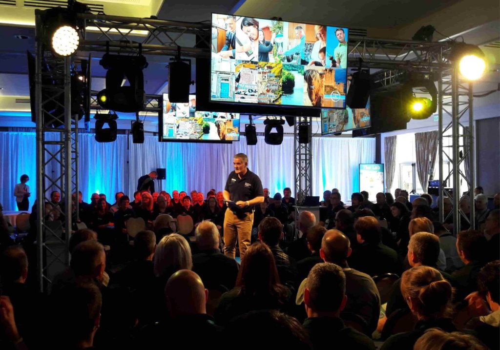 Kingsmills Suite set for an event with a centre staging and standing layout