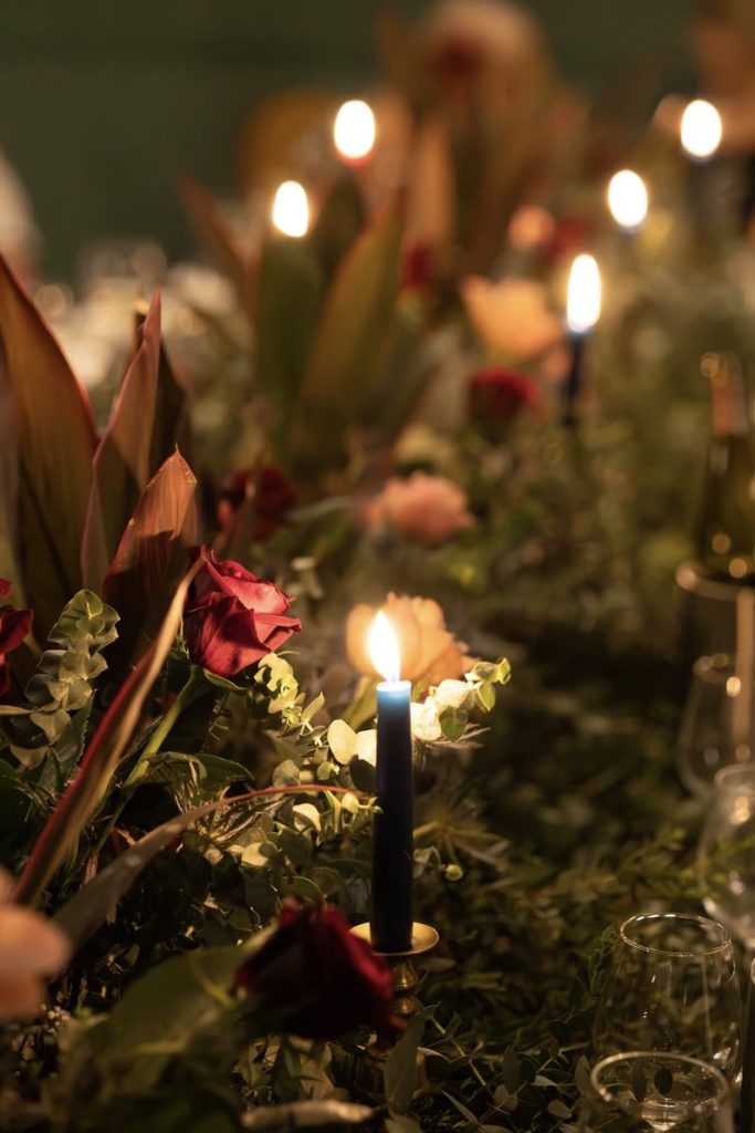 Adams Room at Kingsmills Hotel set for an intimate winter wedding with fresh flowers. Image from High and Wild Photography